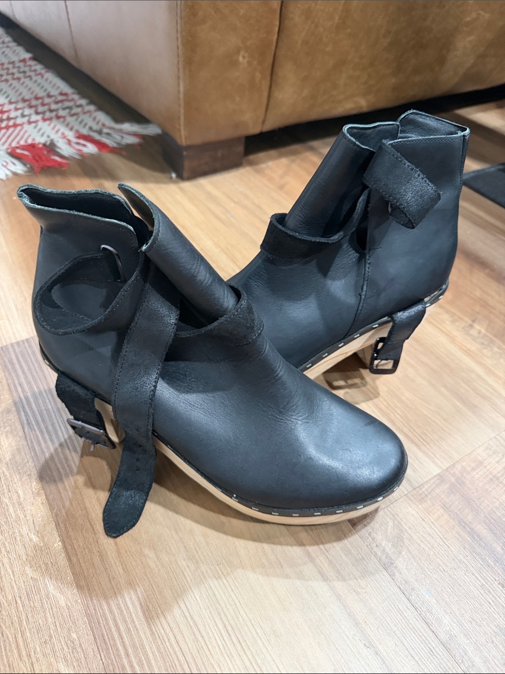 Free People Black Leather Ankle Boots with Strap and Buckle Detail